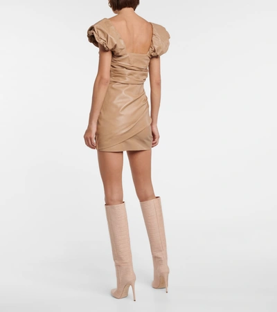 Shop Zeynep Arcay Off-shoulder Leather Minidress In Beige