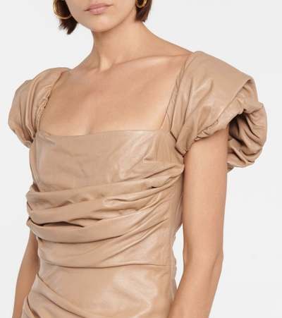 Shop Zeynep Arcay Off-shoulder Leather Minidress In Beige