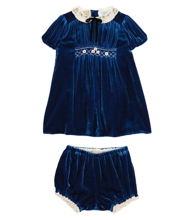 Shop Gucci Baby Velvet Dress And Bloomers Set In Blue