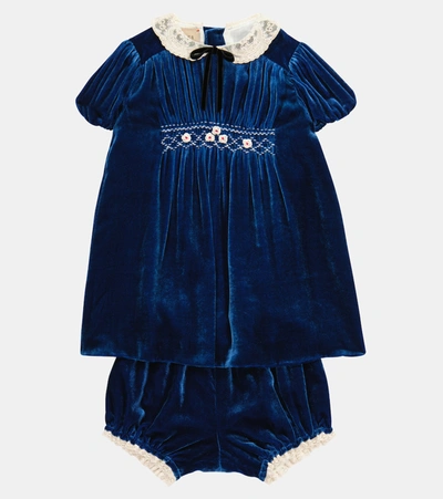 Shop Gucci Baby Velvet Dress And Bloomers Set In Blue