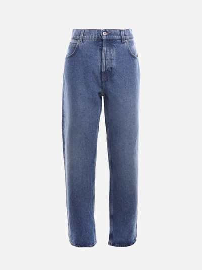 Shop Loewe Anagram Cotton Jeans With Leather Insert In Blue