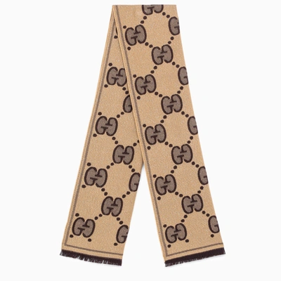 Shop Gucci Beige Scarf With Brown Gg Jacquard Motif