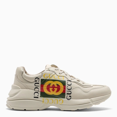 Shop Gucci Ivory Leather -logo Rhyton Sneakers In White