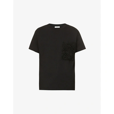 Shop Valentino Floral-embroidered Relaxed-fit Cotton-jersey T-shirt In Nero/bianco