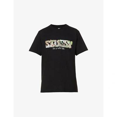 Shop Stussy Mens Black It's A Wild Life-print Cotton-jersey T-shirt Xs