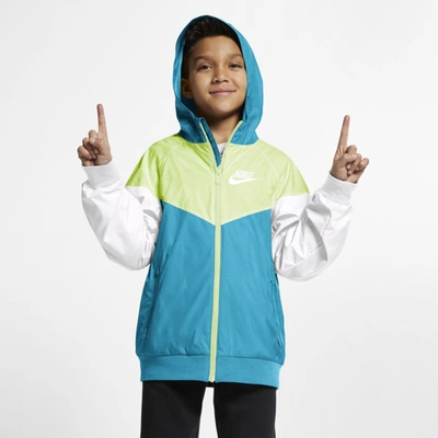 Shop Nike Sportswear Windrunner Big Kids' Jacket In Chlorine Blue,lime Ice,white,white
