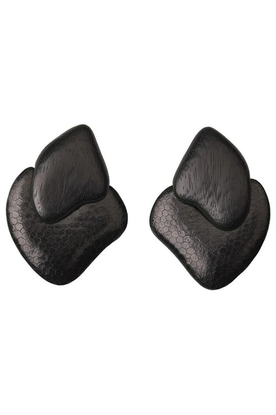 Shop Josie Natori Natori Acacia Wood Clip Earrings In Black