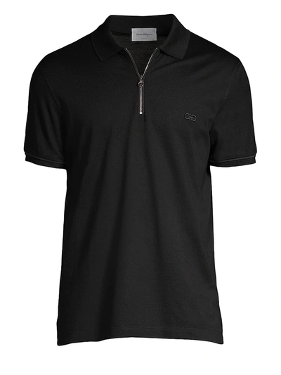 Shop Ferragamo Men's Zip Basic Cotton Polo In Black