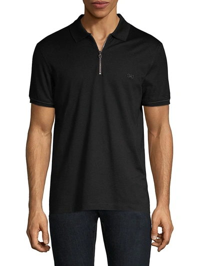 Shop Ferragamo Men's Zip Basic Cotton Polo In Black