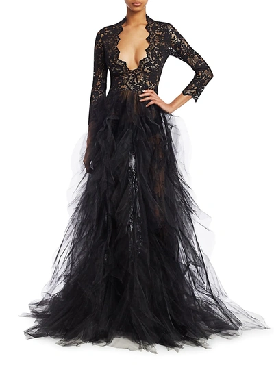 Shop Oscar De La Renta Women's Deep V-neck Lace & Tulle Gown In Black