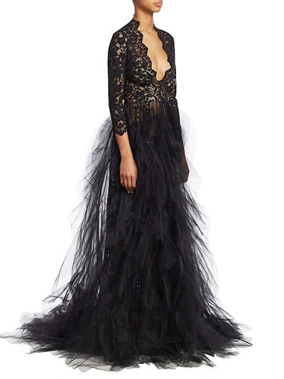 Shop Oscar De La Renta Women's Deep V-neck Lace & Tulle Gown In Black