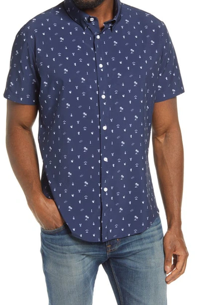 Shop Mizzen + Main Leeward Trim Fit Short Sleeve Button-up Performance Shirt In Navy White Beach Print