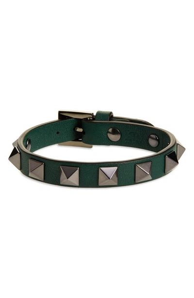 Shop Valentino Rockstud Leather Bracelet In English Green