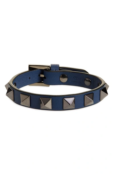 Shop Valentino Rockstud Leather Bracelet In Indigo