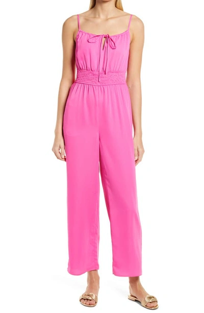 Adelyn Rae Daisy Smocked Straight Leg Jumpsuit In Fuchsia