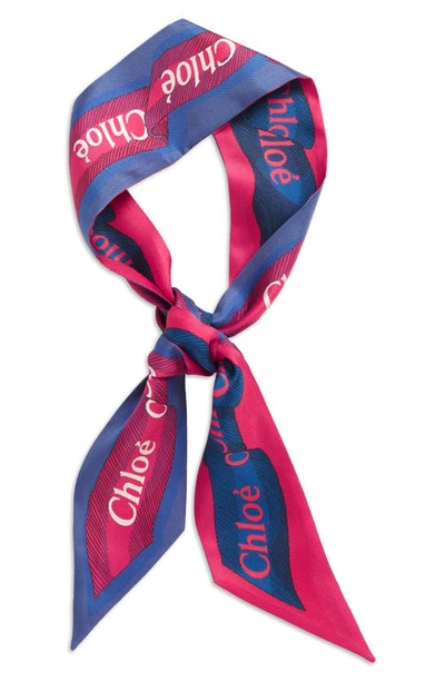 Shop Chloé Charlie Logo Print Reversible Silk Skinny Scarf In Blue - Pink