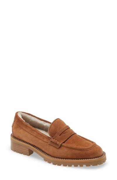 Shop Jimmy Choo Deanna Suede & Genuine Shearling Loafer In Tan/ Natural