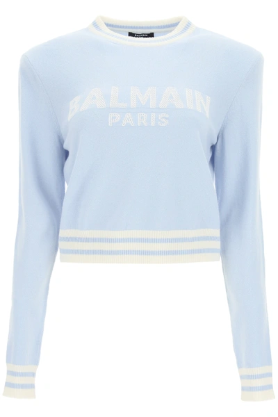 Shop Balmain Cropped Logo Sweatshirt In Blue,white,light Blue