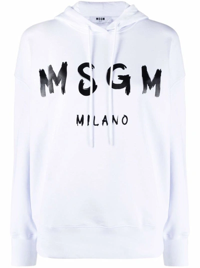 Shop Msgm White Jersey Hoodie With Logo Print