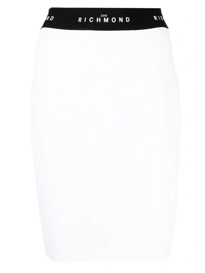 Shop John Richmond Logo Waistband Ribbed Knit Skirt In White