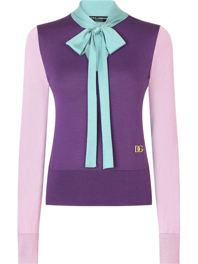 Shop Dolce & Gabbana Pussy-bow Fastening Knitted Top In Purple