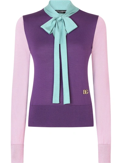 Dolce & Gabbana Long-sleeved Multi-colored Silk Sweater With Pussy-bow And Dg Embellishment In Purple