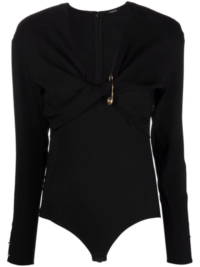 Shop Versace Safety Pin-detail Twist-front Bodysuit In Black