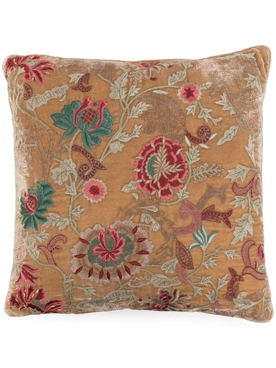 Shop Anke Drechsel Floral-embroidered Silk-velvet Cushion In Brown