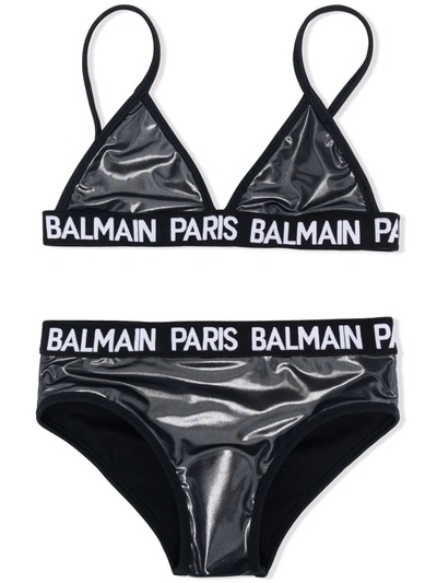 Shop Balmain Logo-tape Metallic Bikini Set In Black