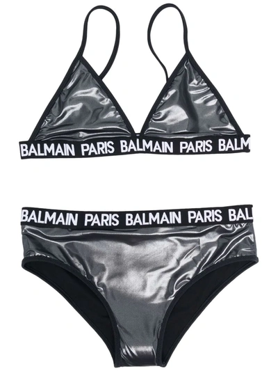 Shop Balmain Teen Logo-tape Metallic Bikini Set In Black