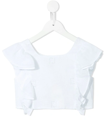 Shop Fendi Ff-embroidery Cropped Ruffle Blouse In White