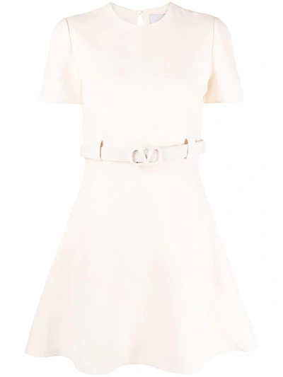 Valentino Wool & Silk Crepe Mini Dress W/belt In Neutrals