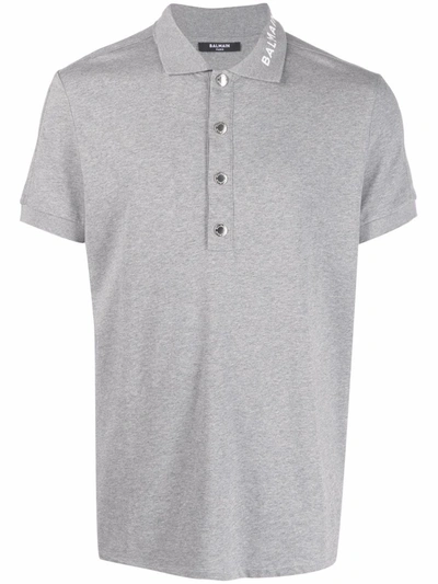 Shop Balmain Branded-collar Polo Shirt In Grey