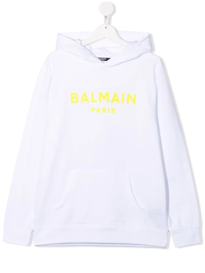 Shop Balmain Logo-print Cotton Hoodie In White