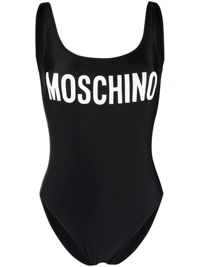 Shop Moschino Logo-print Open-back Swimsuit In Black