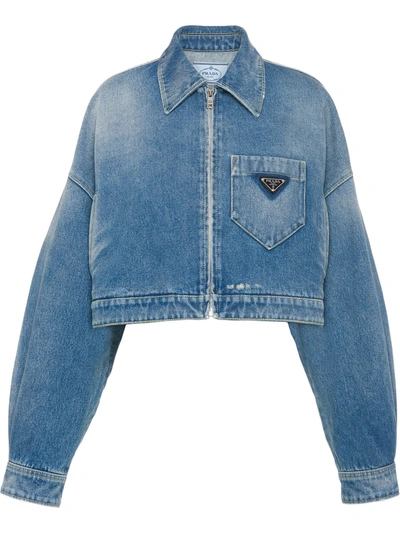 Shop Prada Cropped Organic-denim Jacket In Blue