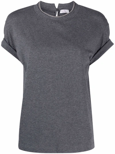 Brunello Cucinelli Rolled Crew Neck Keyhole Back Top In Grey