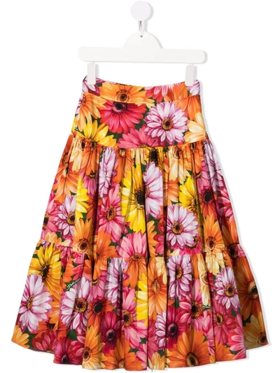 Shop Dolce & Gabbana Floral-print Tiered Midi Skirt In Green