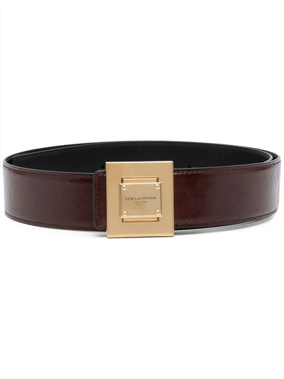 Shop Dolce & Gabbana Engraved-logo Leather Buckle Belt In Braun