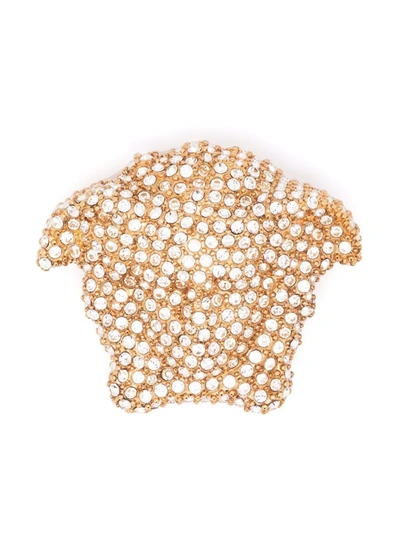 Shop Versace Crystal-embellished Medusa Brooch In Gold