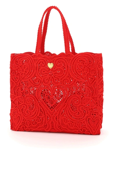 Shop Dolce & Gabbana Beatrice Large Tote Bag Cordonetto Lace In Rosso (red)