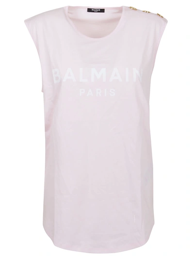 Shop Balmain 3 Btn Printed Logo Tank Top - Eco Sustainable In Ocd Rose Pale Blanc