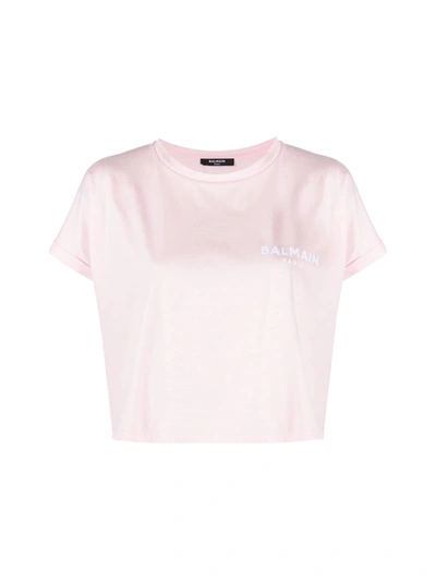 Shop Balmain Cropped Ss Flocked Logo T-shirt In Ocd Rose Pale Blanc