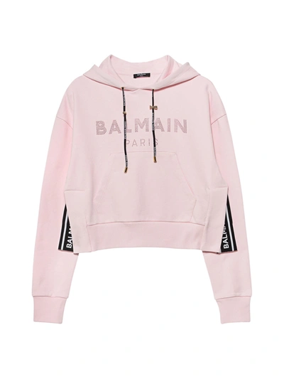 Shop Balmain Cropped Strass Logo Hoodie - Eco Sustainable In Ak Rose Pale