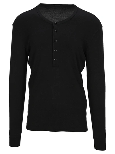 Shop Tom Ford Cotton Blend Buttoned Round-neck Long Sleeves T-shirt In Black