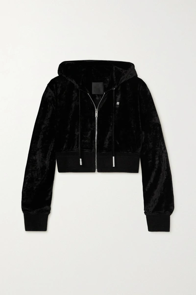 Shop Givenchy Cropped Embellished Crushed-velvet Hoodie In Black