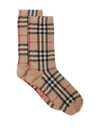 Shop Burberry Check Print Socks Beige In Brown