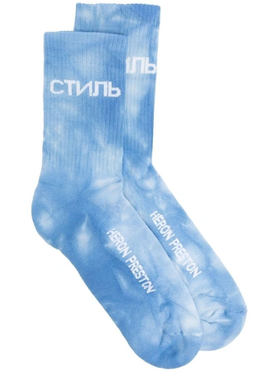 Shop Heron Preston Long Ctnmb Logo Tie-dye Socks, Light Blue And White