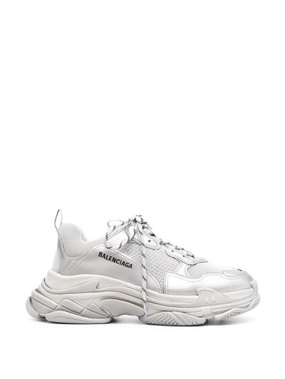 Shop Balenciaga Silver Metallic Triple S Sneakers In White