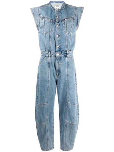 Shop Agolde Sleeveless Tapered Denim Jumpsuit In Blue